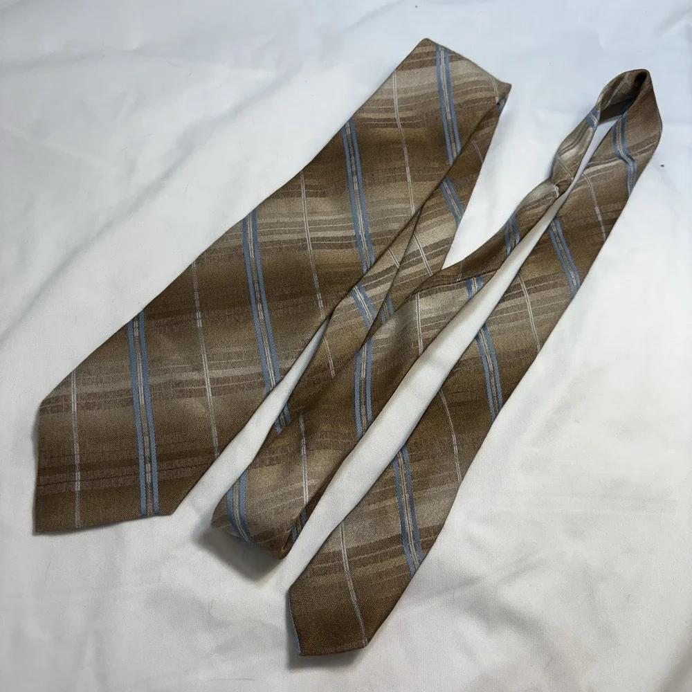 Vintage Cavalier Cravat Men's‎ Tie 1970s Brown Blue Striped Retro Poly USA MCM